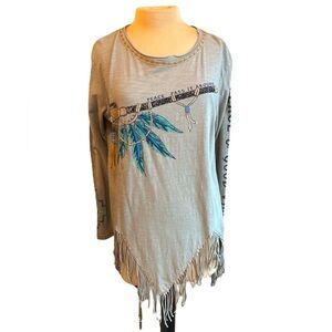 Double D Ranch Gray Fringe Long Sleeve Top